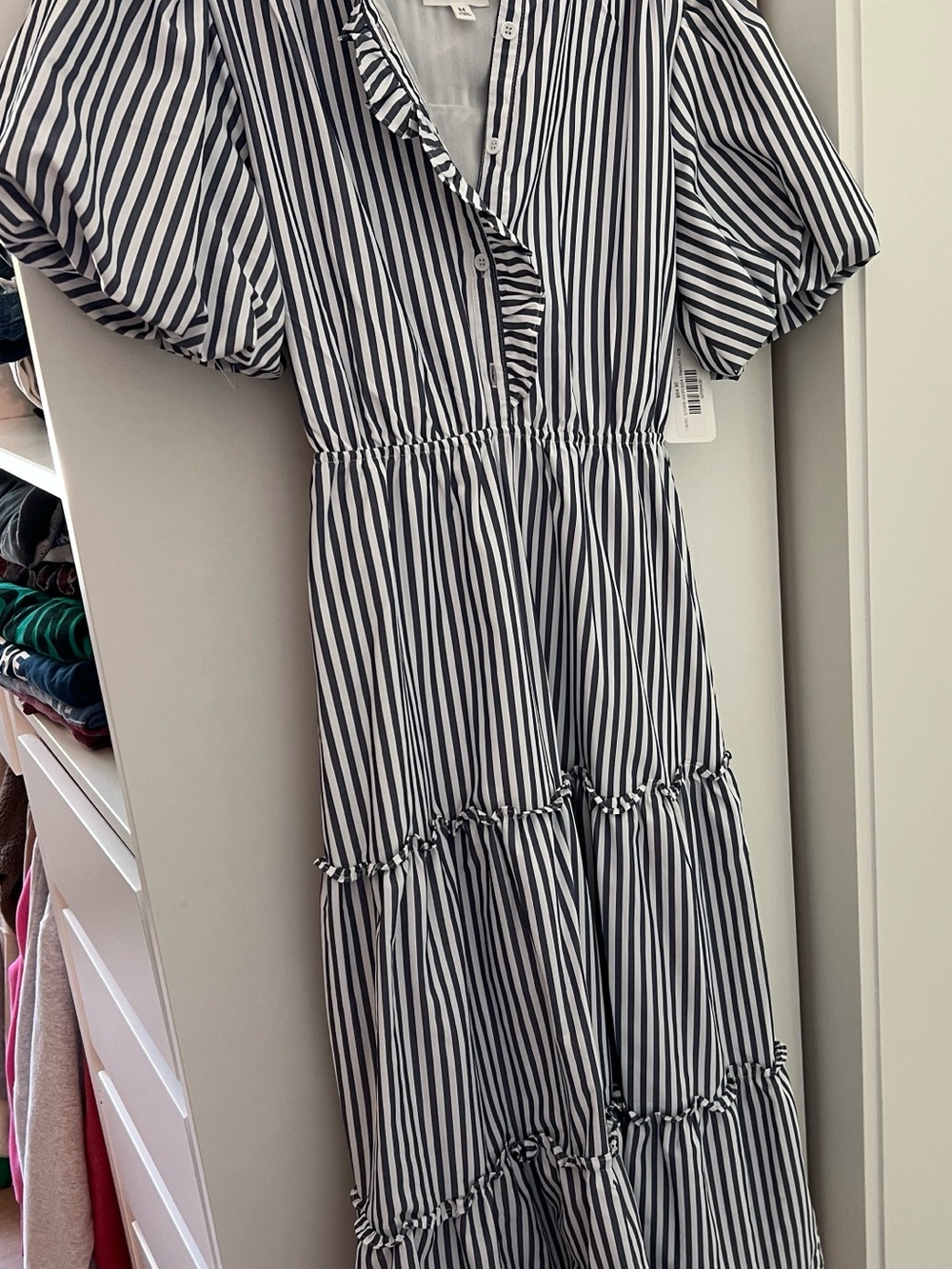 NWT Striped Puff-Sleeve Tiered Maxi Dress - Navy & White - Picture 1 of 5